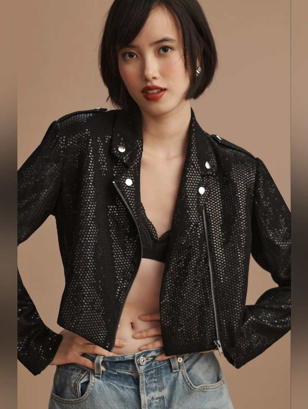 Anthropologie Black Sequin Moto Jacket Size L